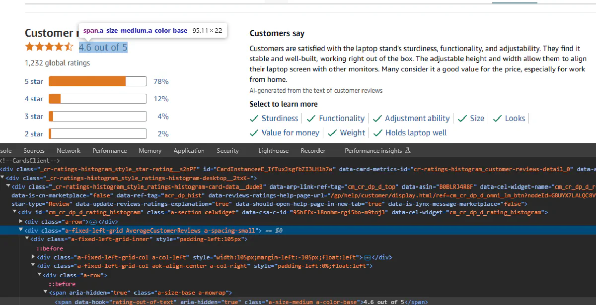 how to extract product ratings amazon