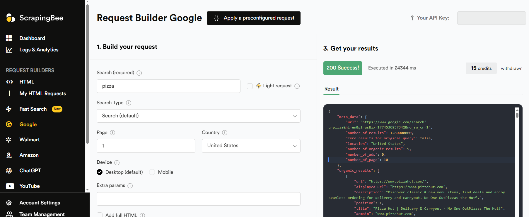 ScrapingBee Google Search API response showing sitelinks, dates, and PAA answers in structured JSON