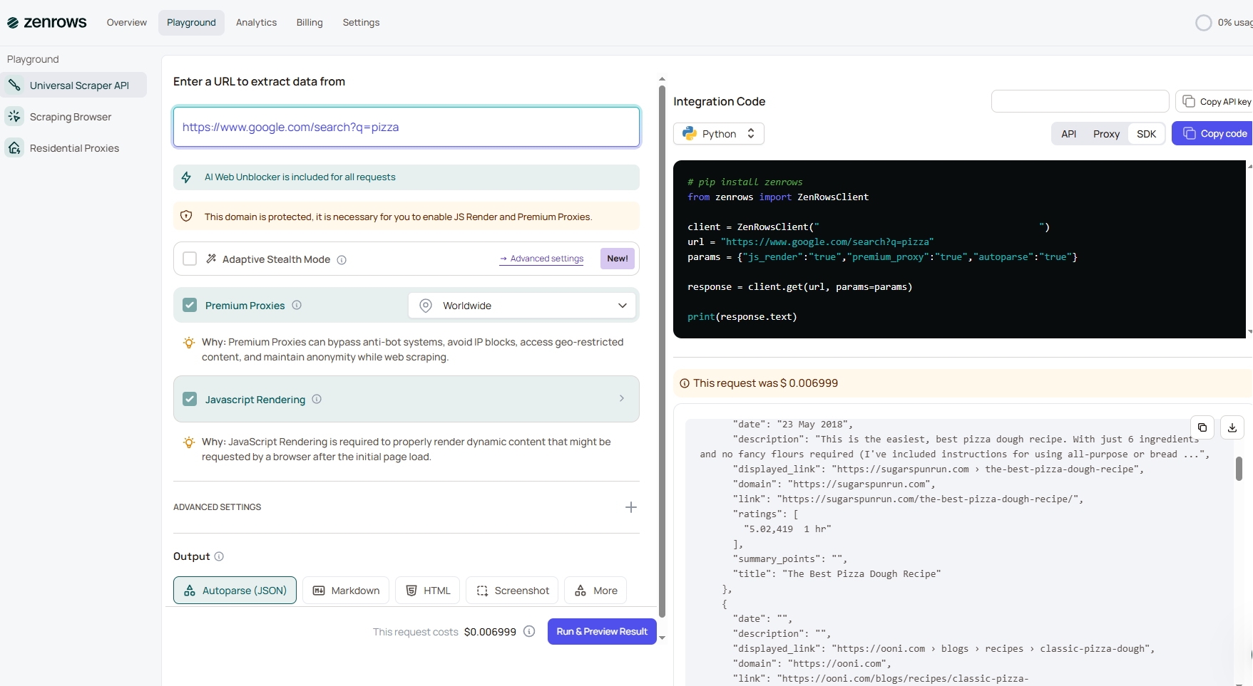 ZenRows SERP scraper page showing Google search configuration and output options
