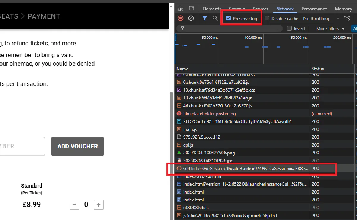 analyzing network requests from cineworld