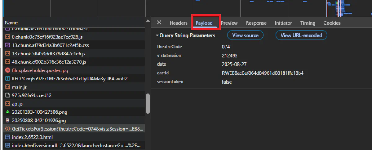 inspect payload from cineworld