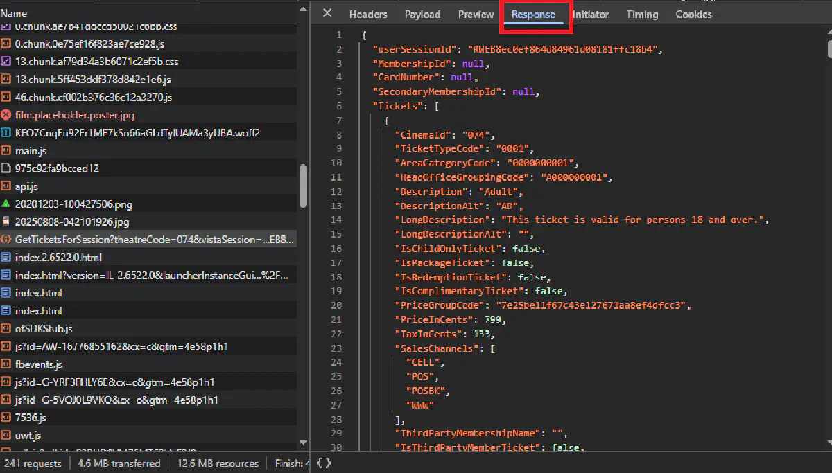 inspect responses from cineworld