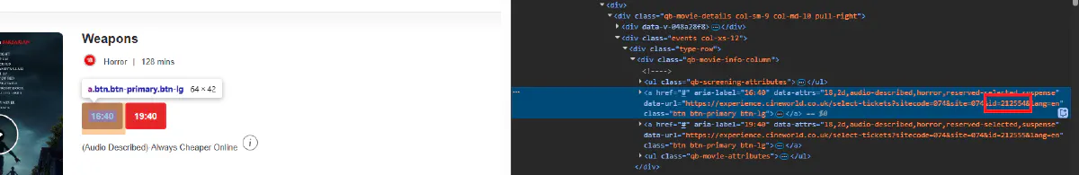 scraping vista ids from cineworld