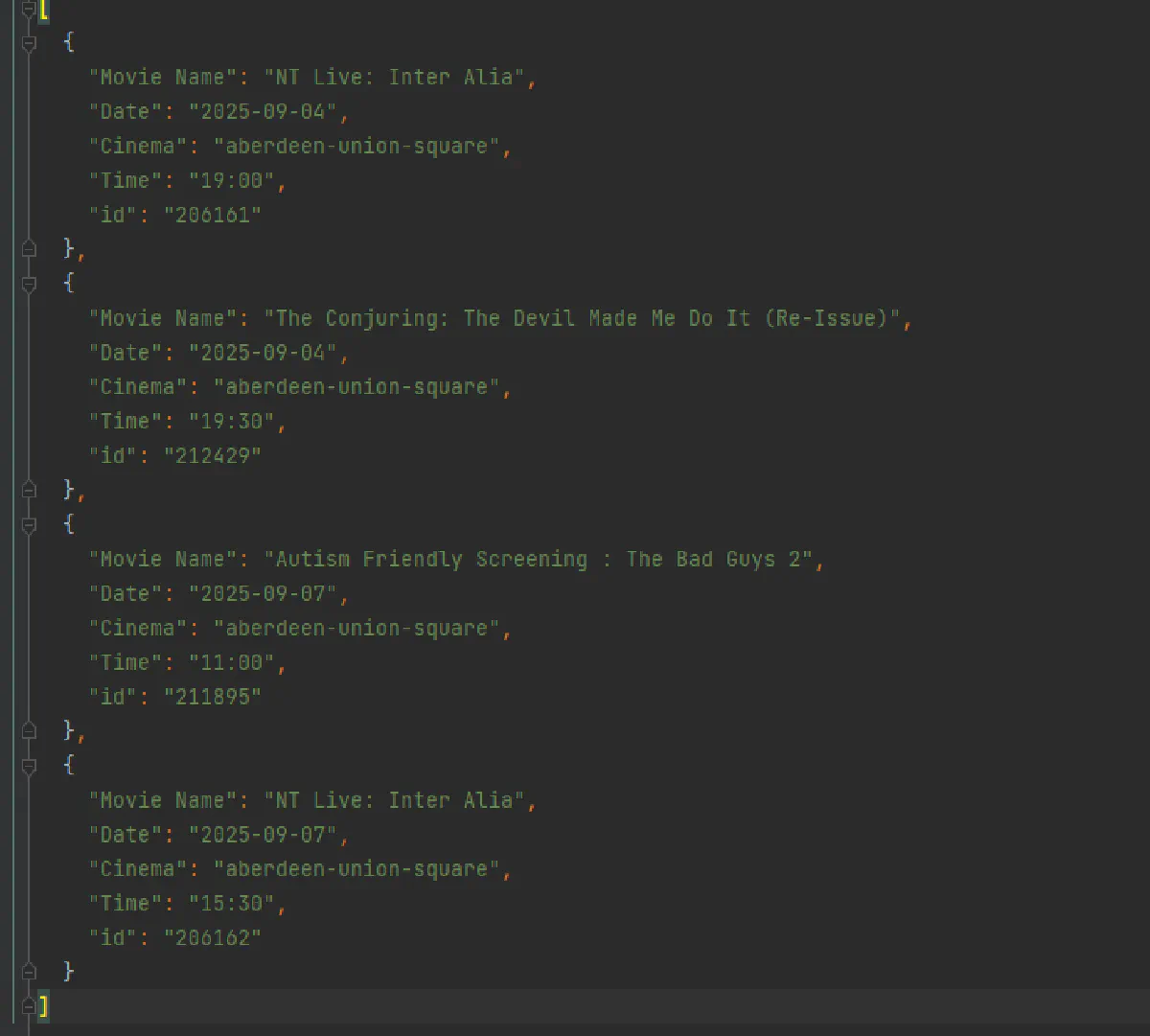 scrape screenings from cineworld