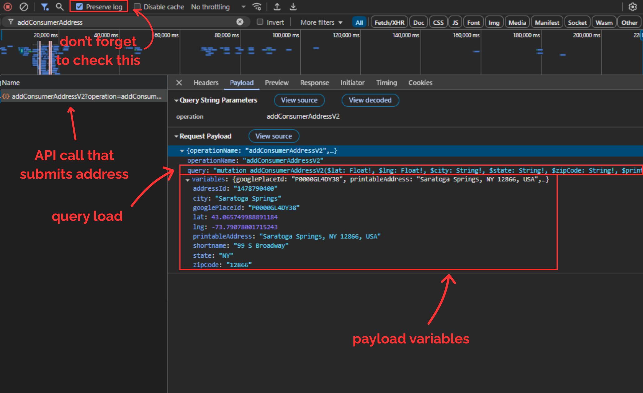 DoorDash GraphQL address submission in DevTools