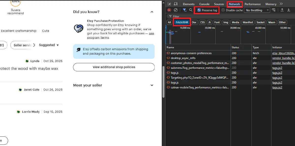 Developer Tools Network tab filtering XHR requests