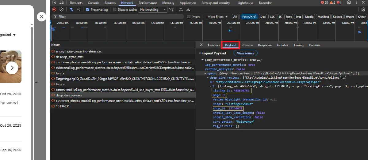 Request payload showing listing_id, shop_id, and page