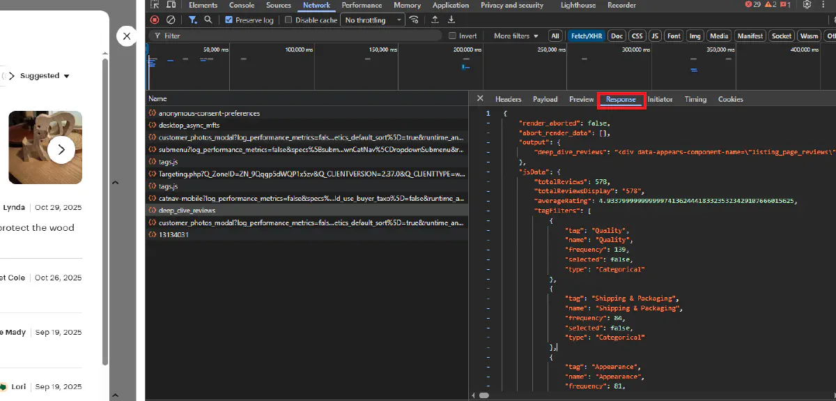 Response showing HTML with review-card divs