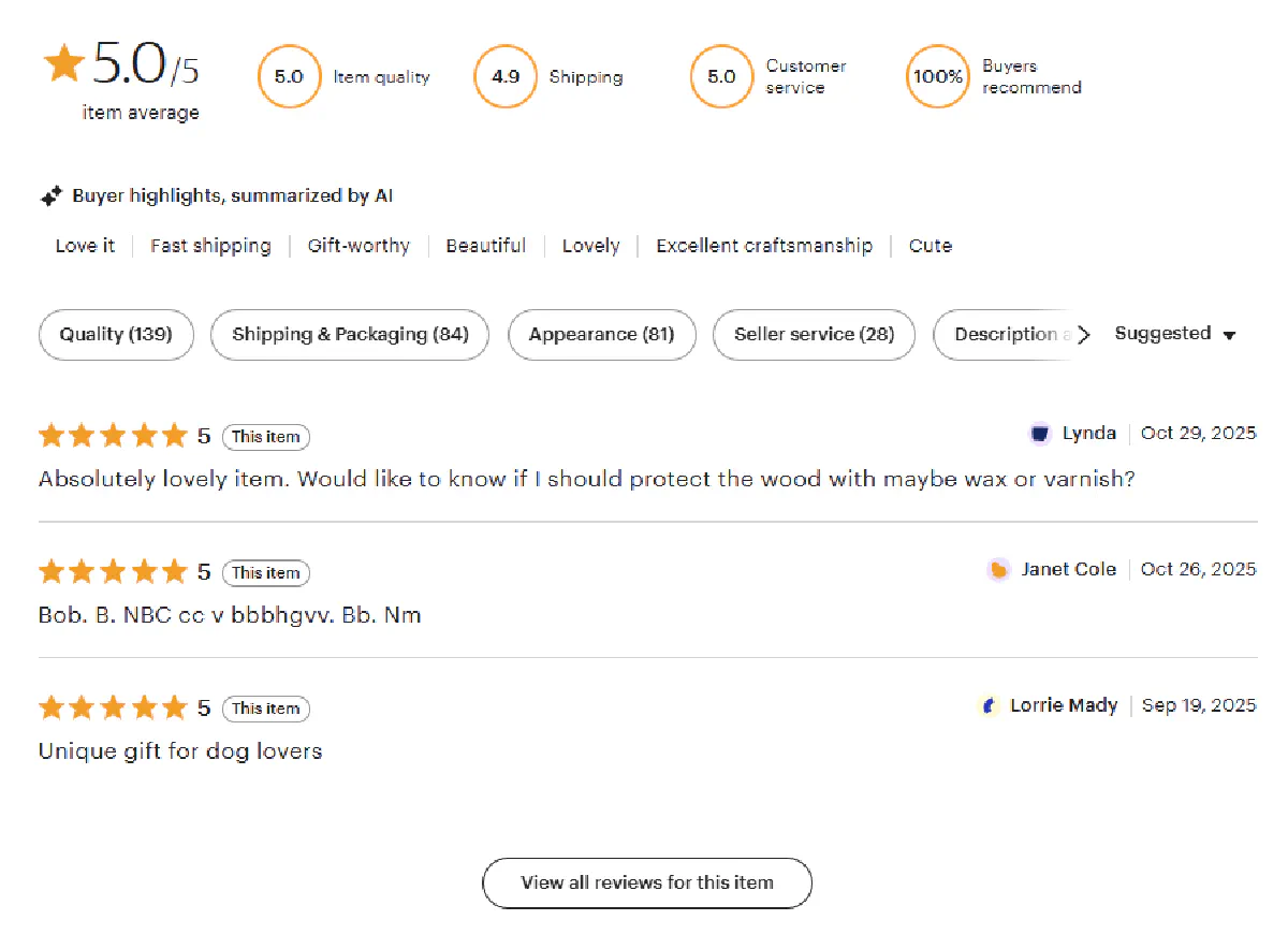 Etsy product page with reviews section