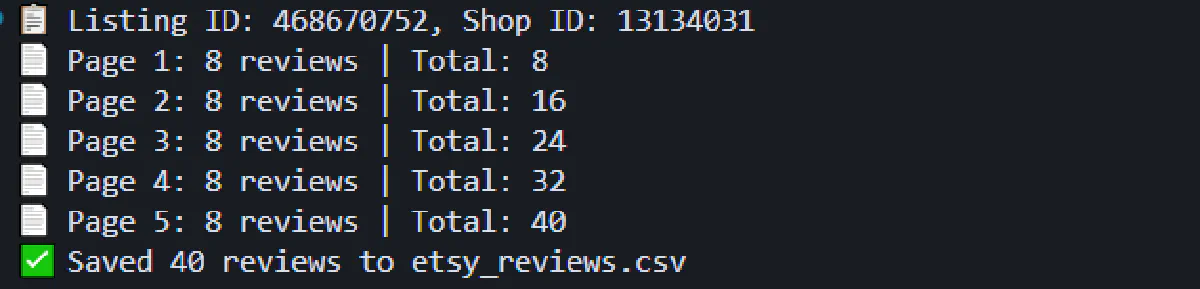 Terminal output showing review scraping progress