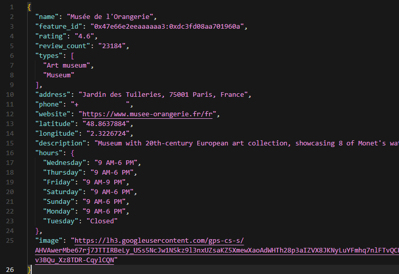 Terminal output and JSON file showing extracted place details for Musee de l'Orangerie
