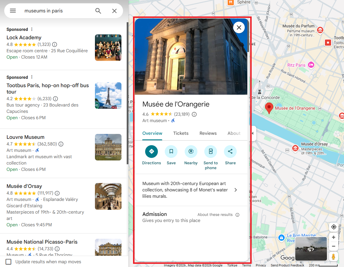 Google Maps place detail page for Musee de l'Orangerie