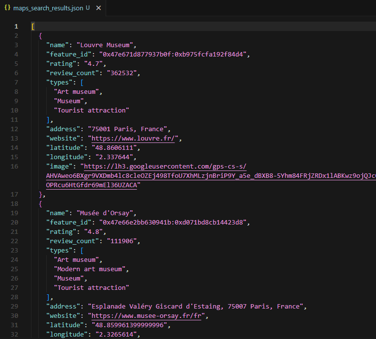 Terminal output and JSON file showing extracted reviews for Carnavalet Museum