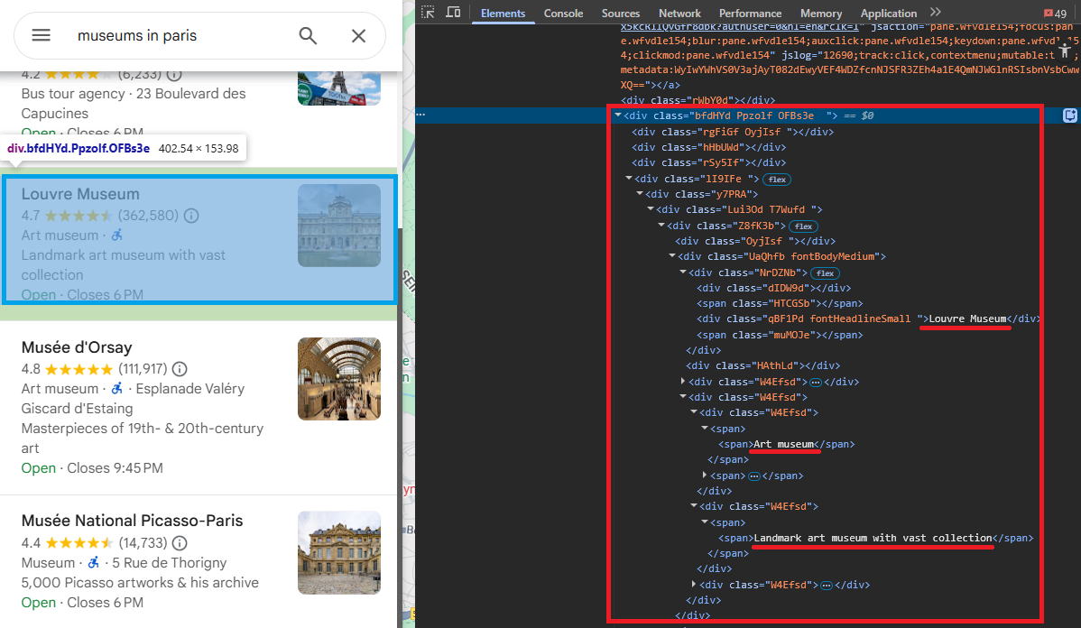 Chrome DevTools showing the nested structure of a Google Maps search result element