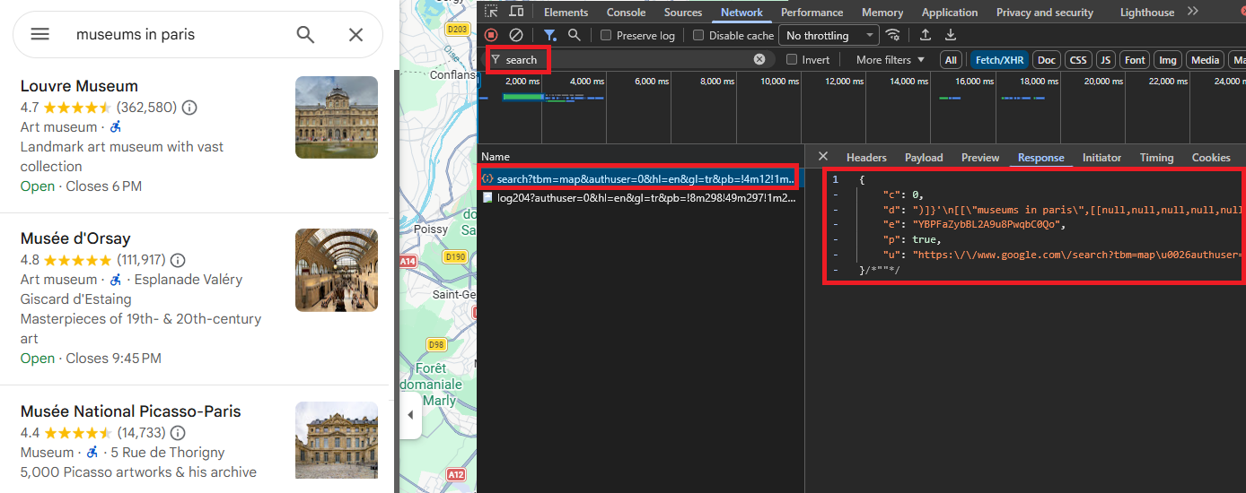 Chrome DevTools Network tab showing the protobuf request URL with field selectors