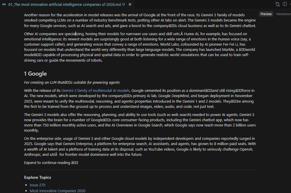 Downloaded markdown file showing clean article text