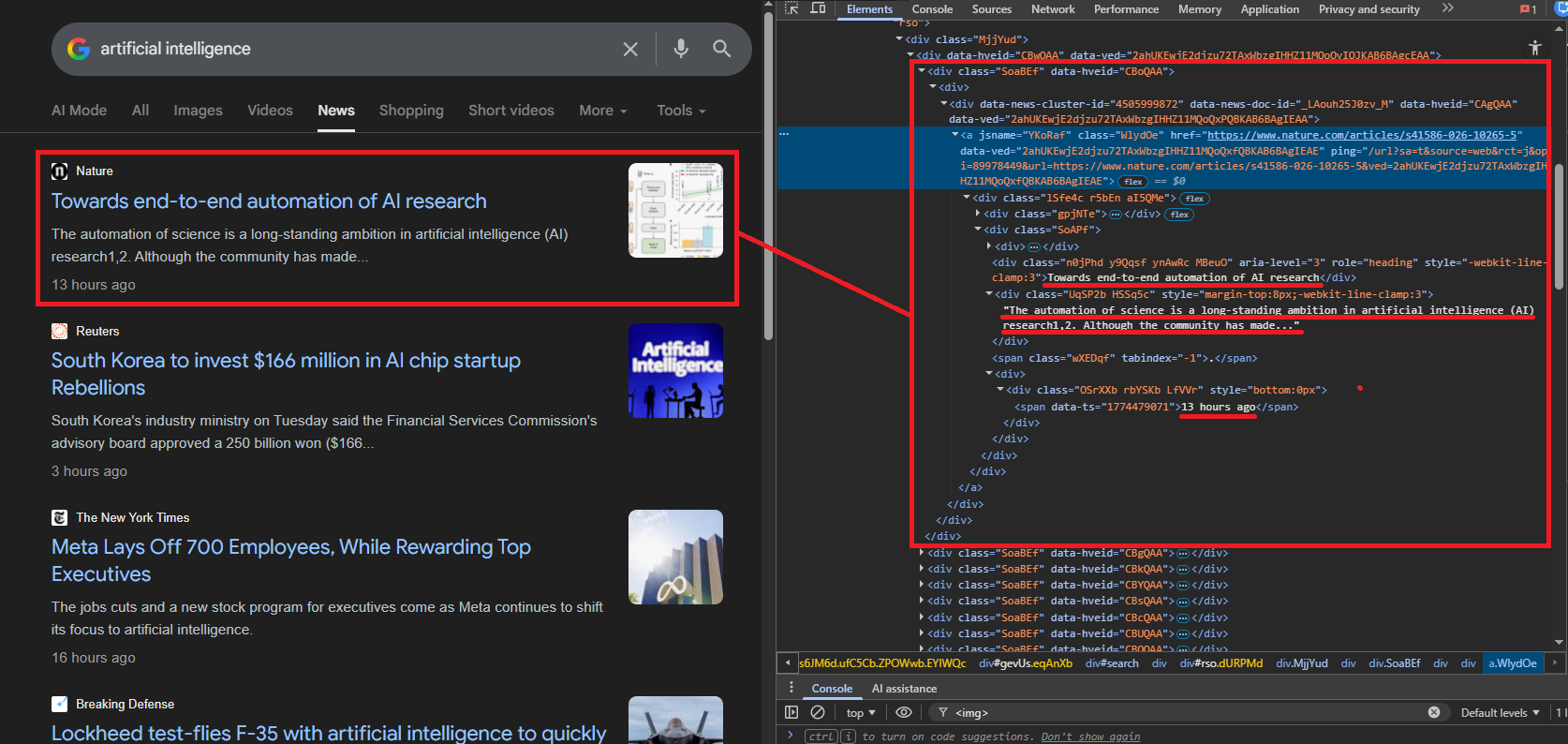 Chrome DevTools showing the HTML structure of a Google News card