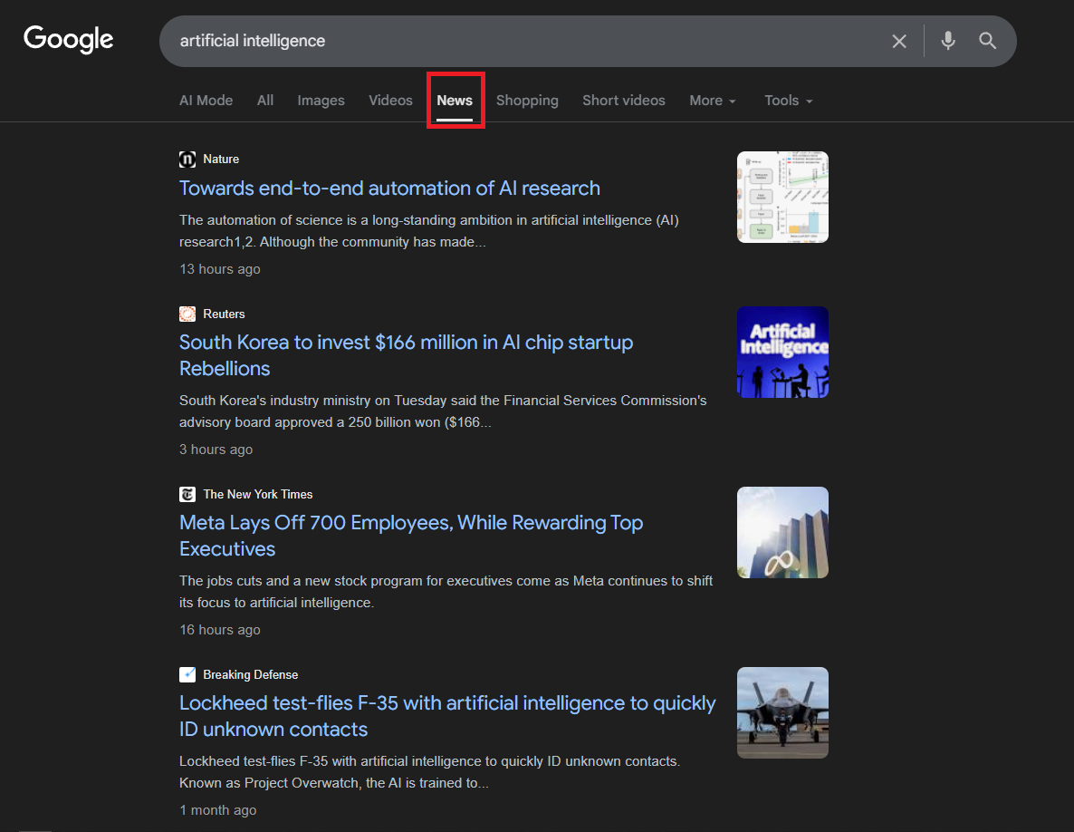 Google News tab search results showing headlines, sources, and dates