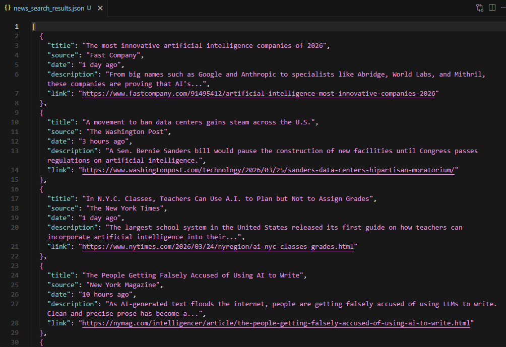 Terminal output and JSON file showing extracted Google News results