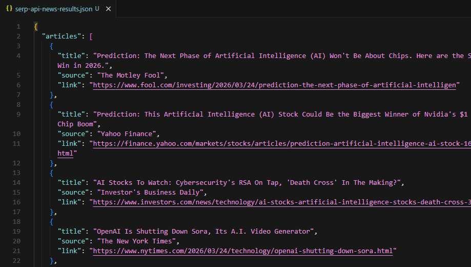 Terminal output and JSON file showing SERP API news results