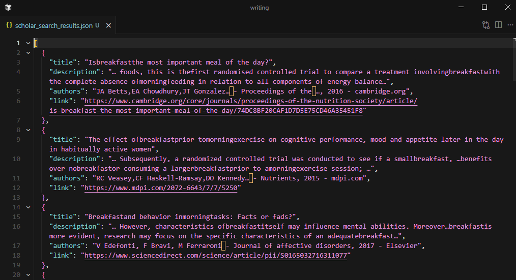Terminal output and JSON file showing extracted Scholar search results