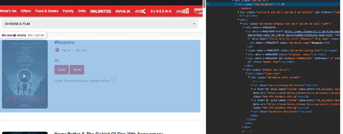 scrape movie names cineworld