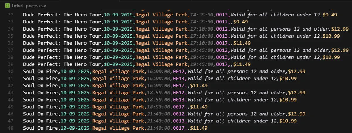 regmovies ticket price scraping