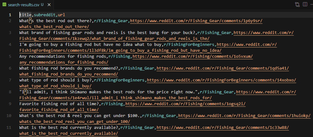 search results csv output