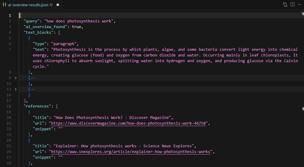 JSON output from the Playwright scraper showing text blocks and references