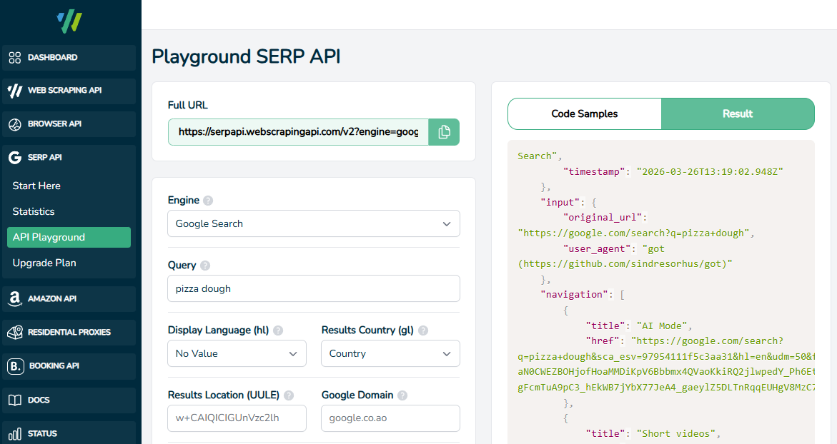 WebScrapingAPI SERP endpoint