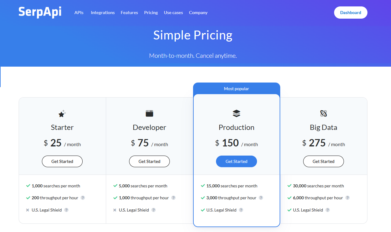 SerpApi pricing page