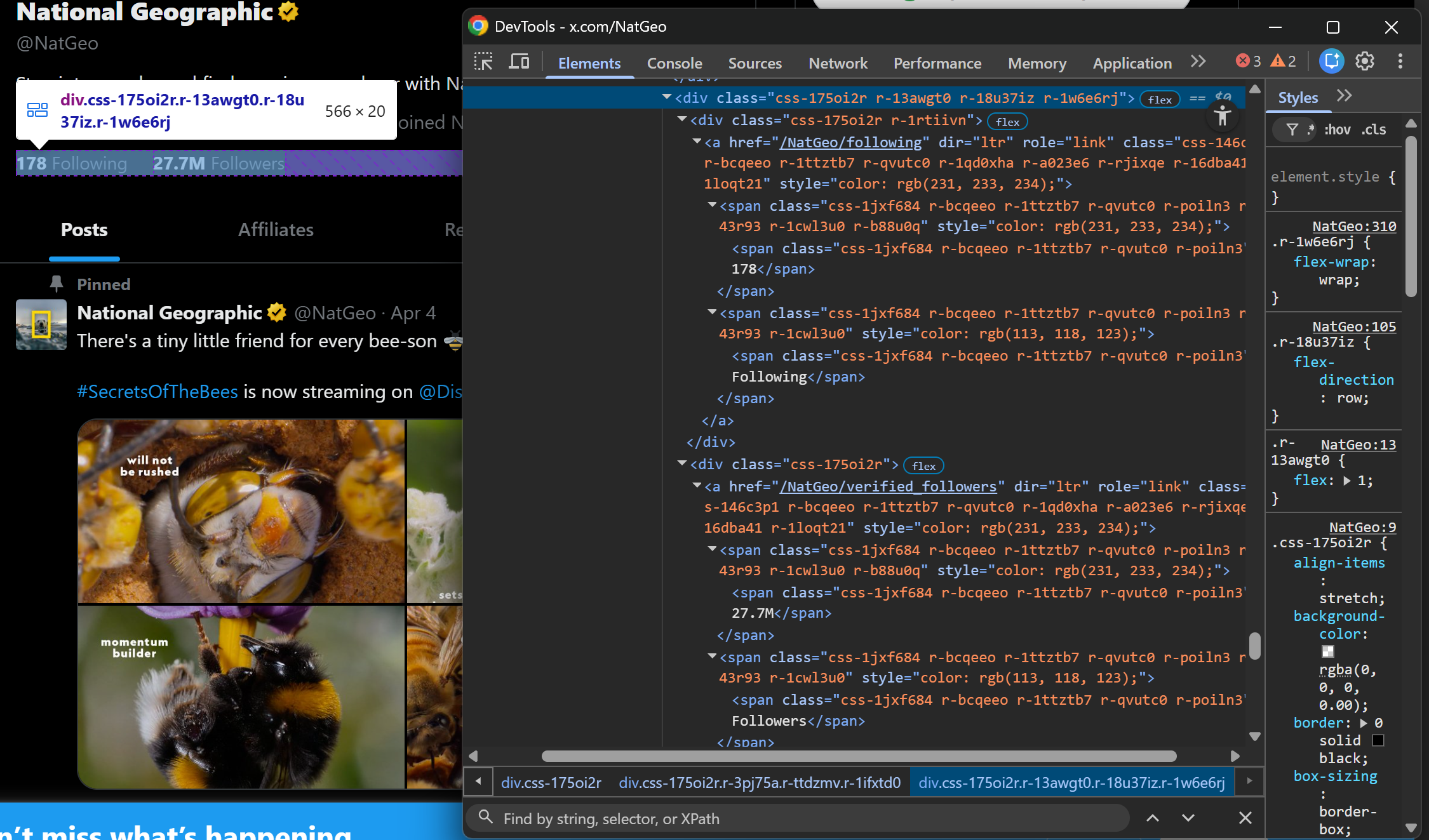 Inspecting the following/followers HTML elements
