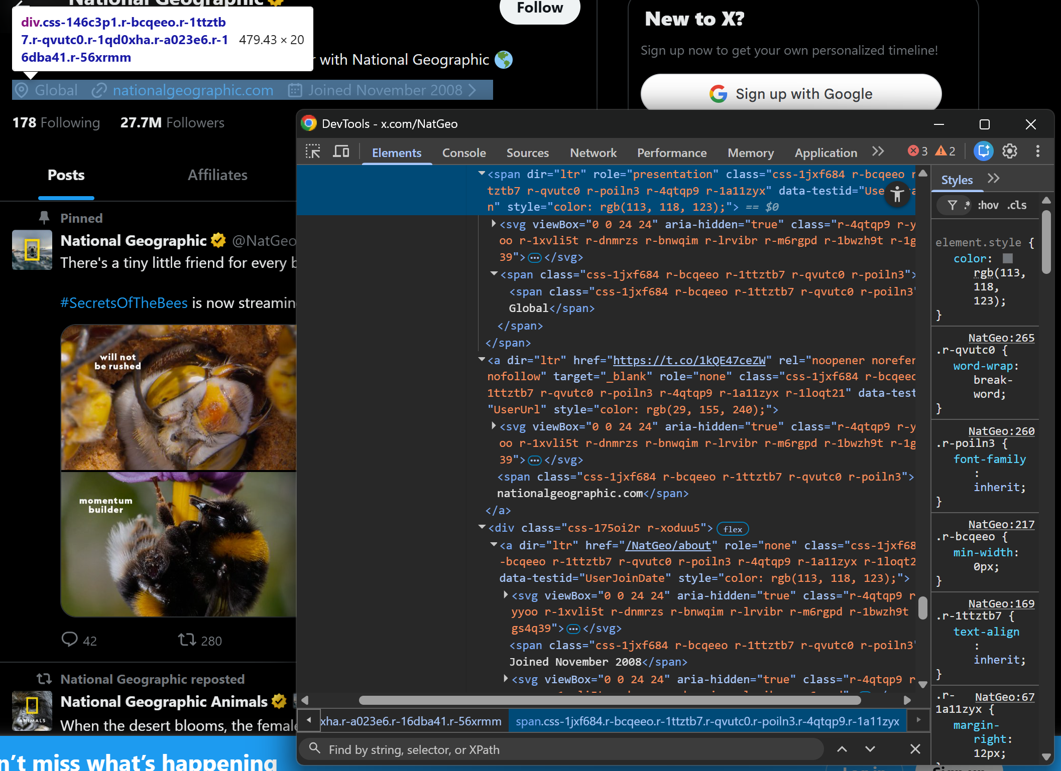 Inspecting the location, website URL, and join date elements