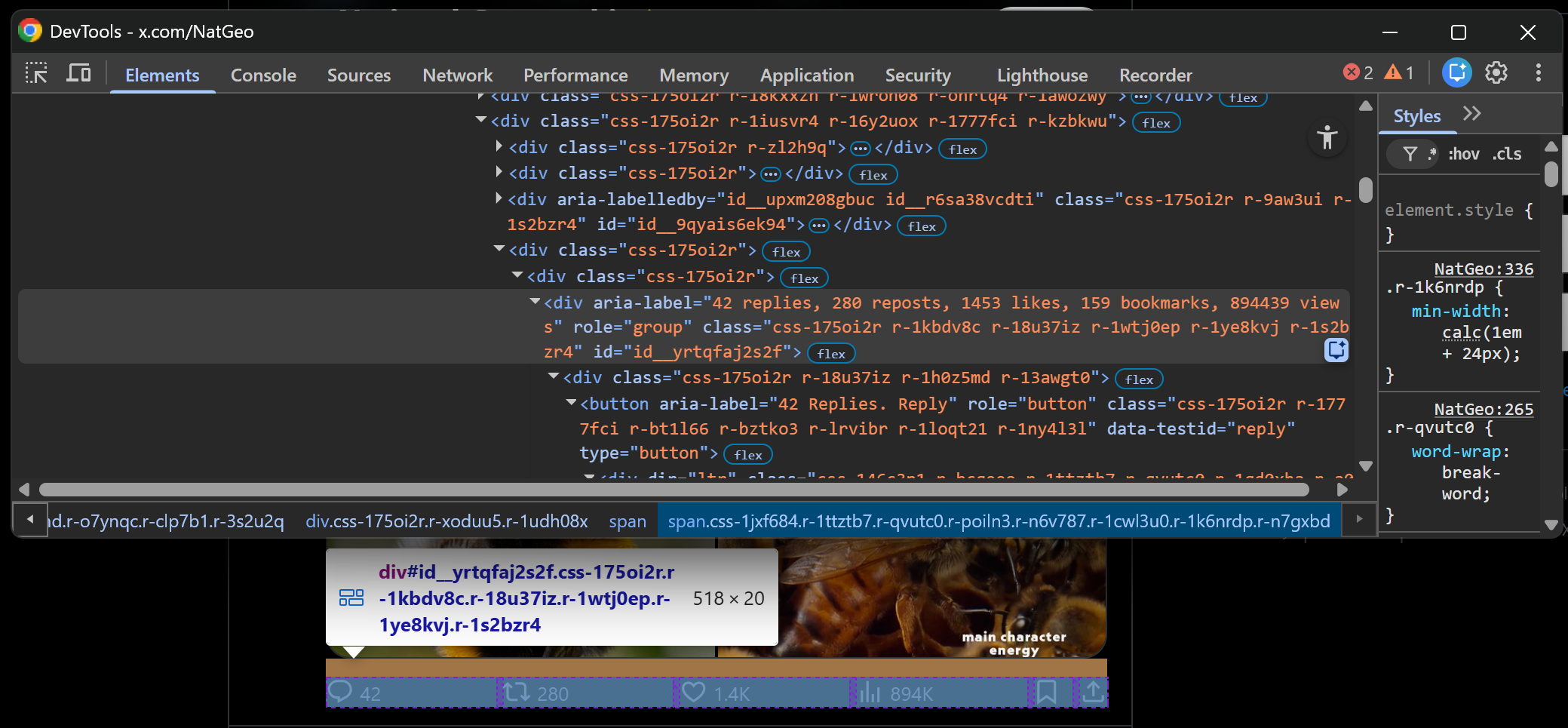 Inspecting the Tweet metrics row HTML node