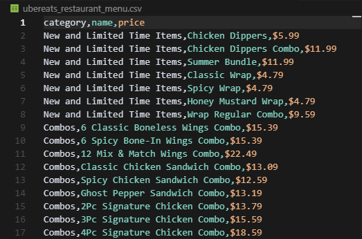 Uber Eats restaurant menu scraped to CSV