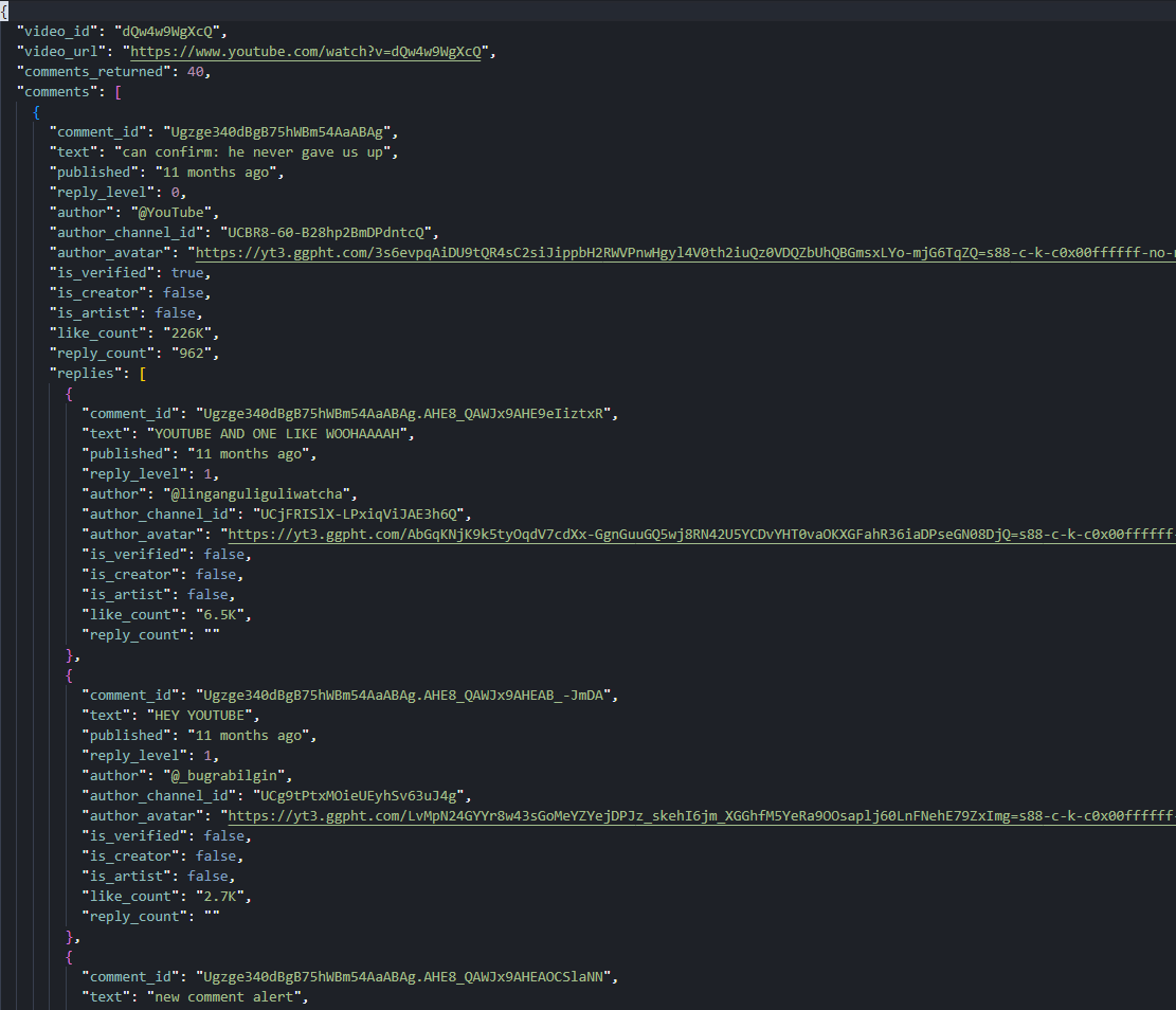 YouTube comments JSON output opened in a JSON viewer showing the top-level comments array with one thread expanded to reveal the nested replies array containing five reply objects, each with the same 13-field shape as the parent comment but with reply_level set to 1