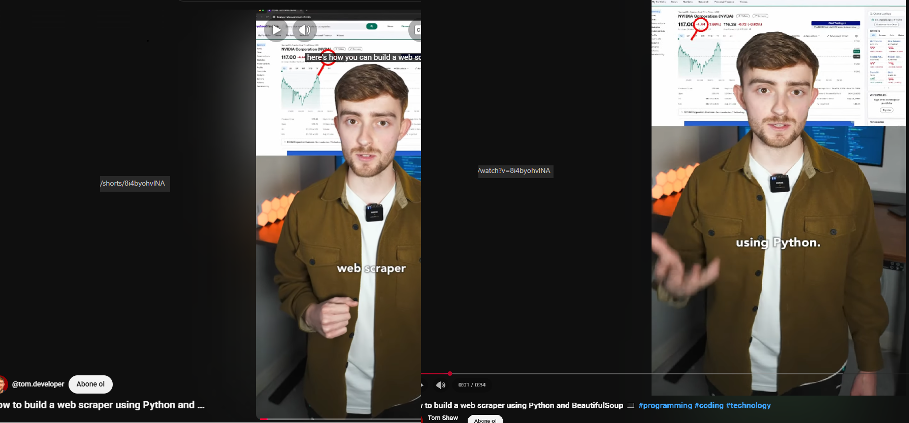 Side-by-side browser screenshots of the same YouTube video at /shorts/8i4byohvlNA showing the vertical overlay player with no comments section visible, and at /watch?v=8i4byohvlNA showing the standard watch page with title, subscriber count, and the comments section; DevTools panels on both sides show ytInitialData.contents empty on the Shorts version and populated with twoColumnWatchNextResults on the watch version